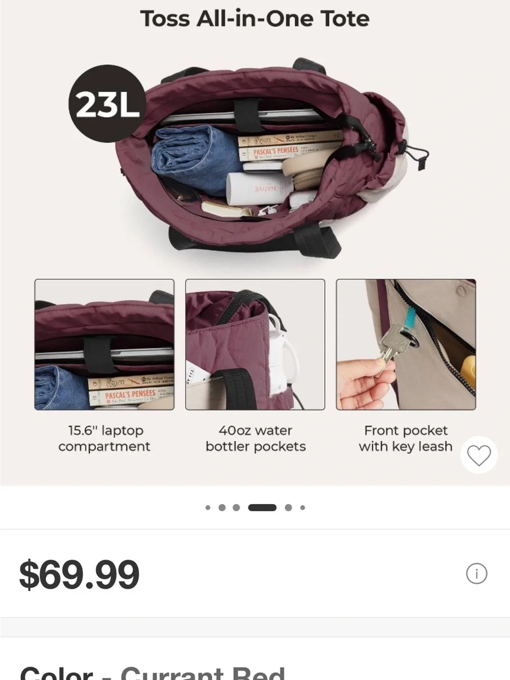 Bagsmart Paz 23L Featherlight Work Tote in Currant Red - quilted nylon NWT